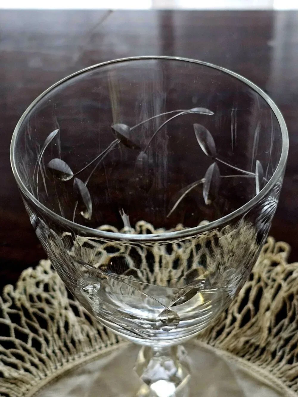 Tiffin Petite Floral Water Glass flower cut glass romantic 50s vtg sculpted stem